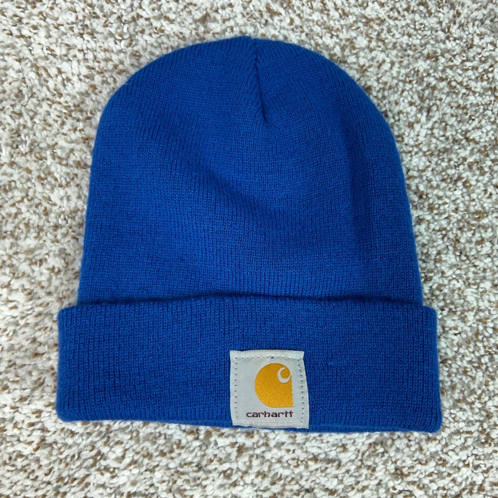 Carhartt Hat Mens One Size Blue Winter Ribbed Knit Cuffed Cap Workwear Logo